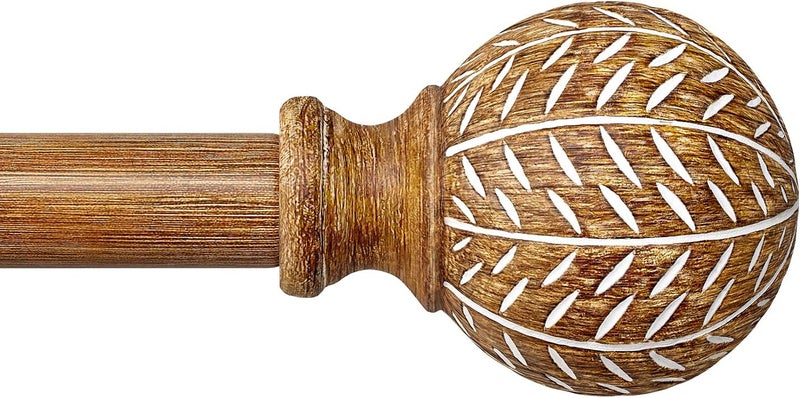 QDWIS Wood Curtain Rods for Windows 72 to 144 Inch,1'' Diameter Drapery Rods with Imitation Wood Grain Leaf Pattern Finials,Boho Adjustable Heavy Duty Curtain Rods Set,36-150'',Color:Natural Wood - Image 1